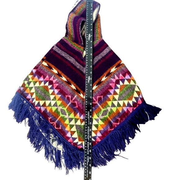 Handmade Toddler Alpaca Wool Poncho with Fringe Hooded Colorful Boho Toddler - Picture 9 of 11